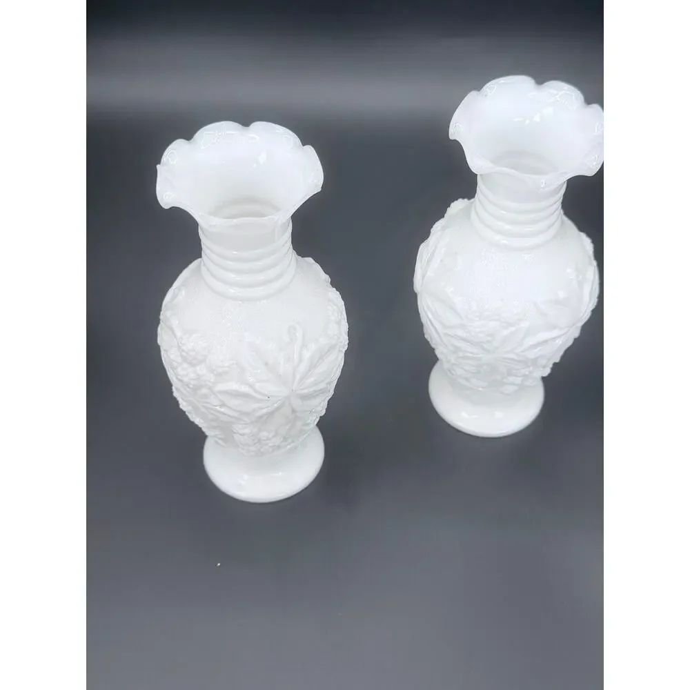 Pair Vintage Imperial Loganberry White Milk Glass Vases 6.25 Inch Ruffled